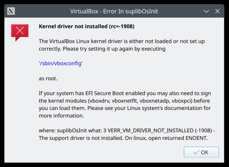 การแก้ไขข้อผิดพลาดไดรเวอร์เคอร์เนล VirtualBox บน Linux 